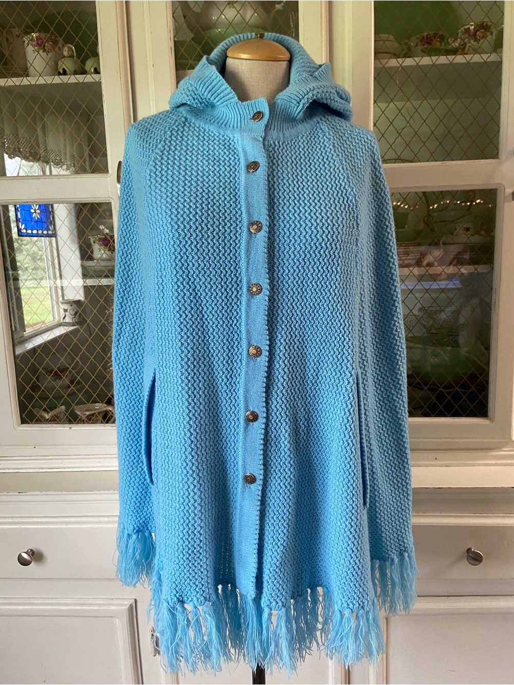VTG MC Sky Blue Button Down Hood Cable Knit Poncho Fringe Pockets Cottagecore